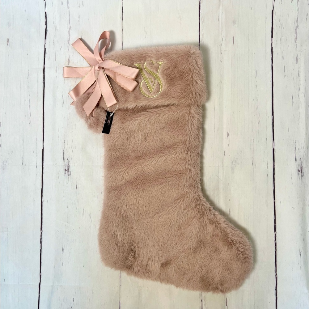 Victoria's Secret Pink Faux Fur Christmas Stocking Gold Logo Pom Poms NWT Holid